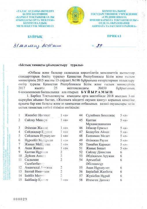"Ыстық тамақты ұйымдастыру туралы" 31 тамыз 2018ж