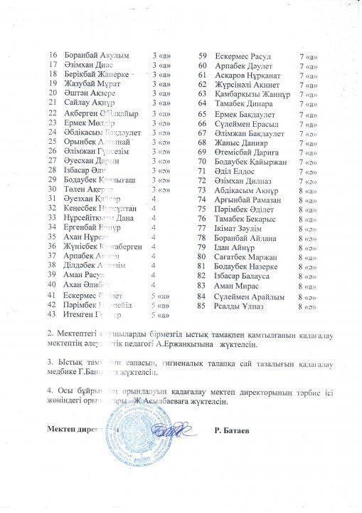 "Ыстық тамақты ұйымдастыру туралы" 31 тамыз 2018ж